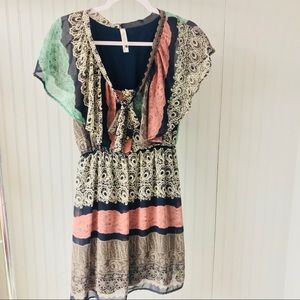 Fitted Pattern V-neck Dress with Ruffles + Buttons